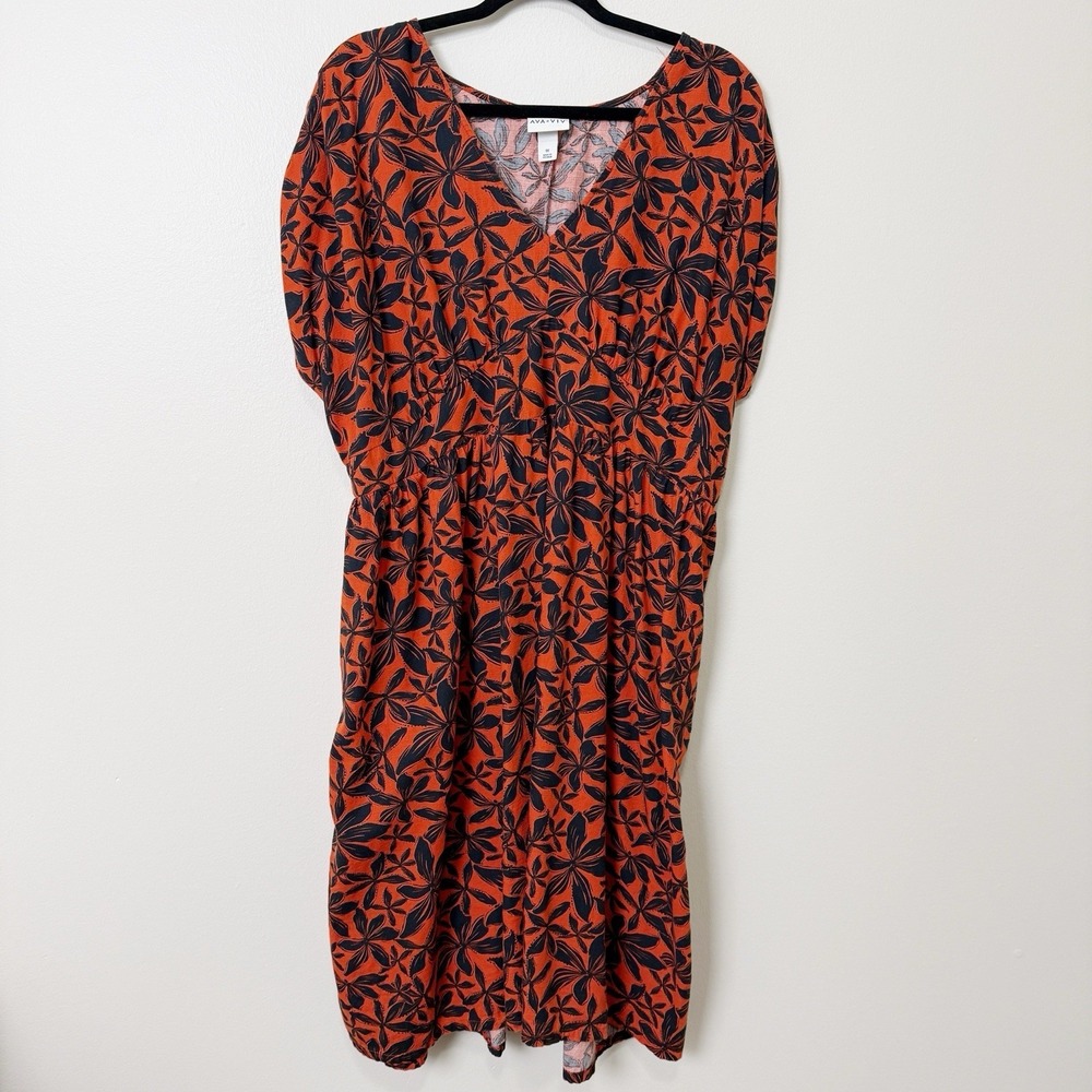 Ava Viv Womens 1X Orange Black Floral Dress Puff Sleeve V Neck Cotton Midi Plus